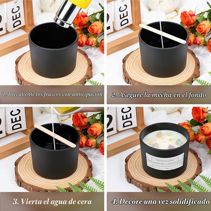 CONNOO Paquete de 8 tarros de vidrio negro de 12 onzas con boca ancha para hacer velas con tapas de bambú herméticas, bonitas etiquetas adhesivas de advertencia para la fabricación de velas