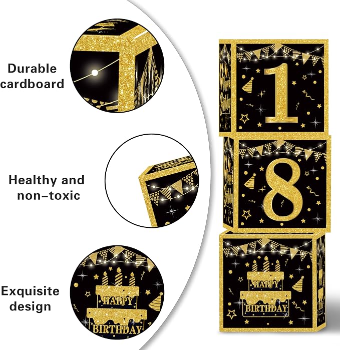 Kit Decoraciones Cumpleaños 80 Años – 3 Piezas Negro y Oro, Cajas, Globos y Favores para Hombres