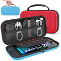 Funda de transporte MoKo para Nintendo Switch 2 2025, estuche rígido protector portátil para viajes con capacidad para 10 cartuchos y bolsillos para accesorios y juegos de Switch 2, rojo y azul.