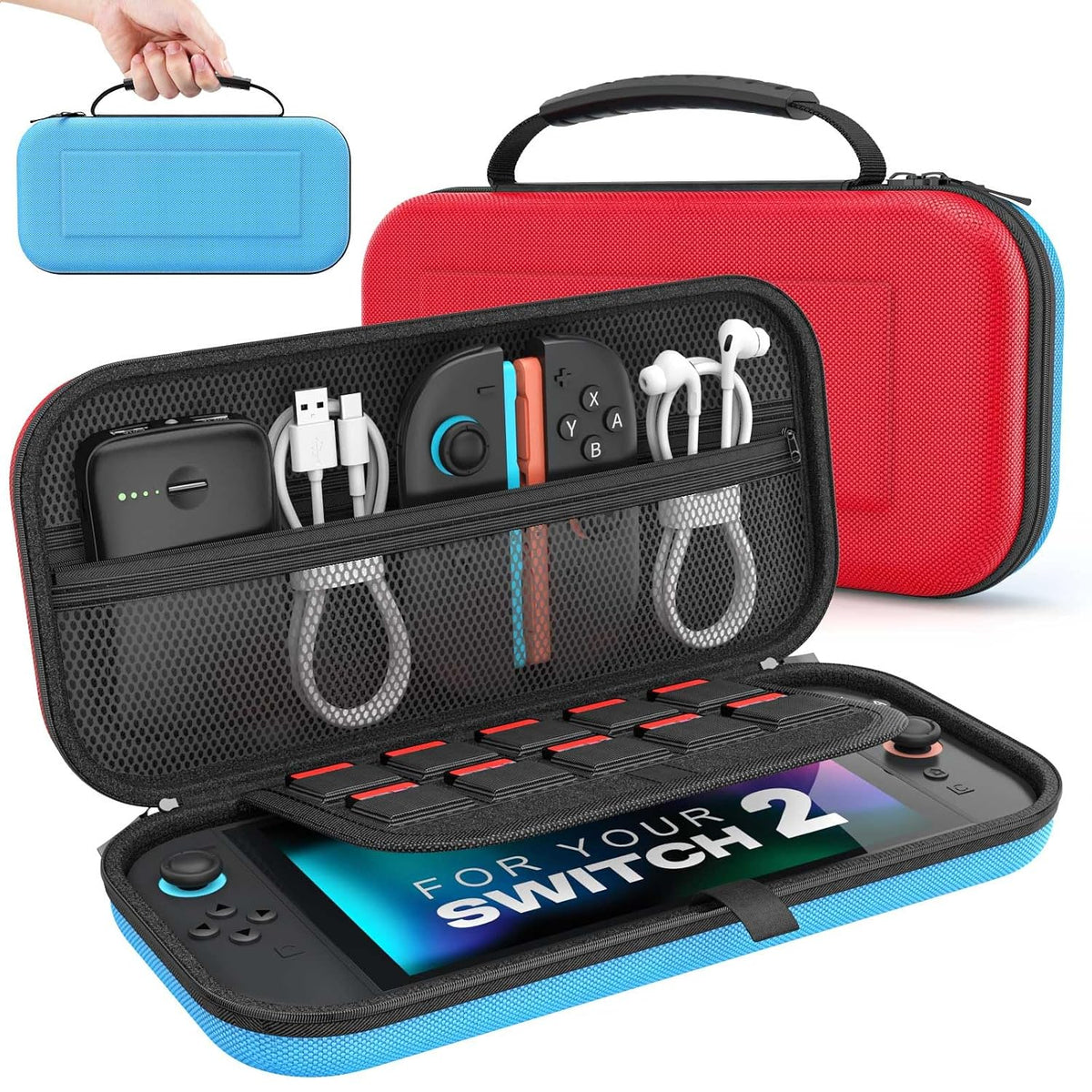 Funda de transporte MoKo para Nintendo Switch 2 2025, estuche rígido protector portátil para viajes con capacidad para 10 cartuchos y bolsillos para accesorios y juegos de Switch 2, rojo y azul.