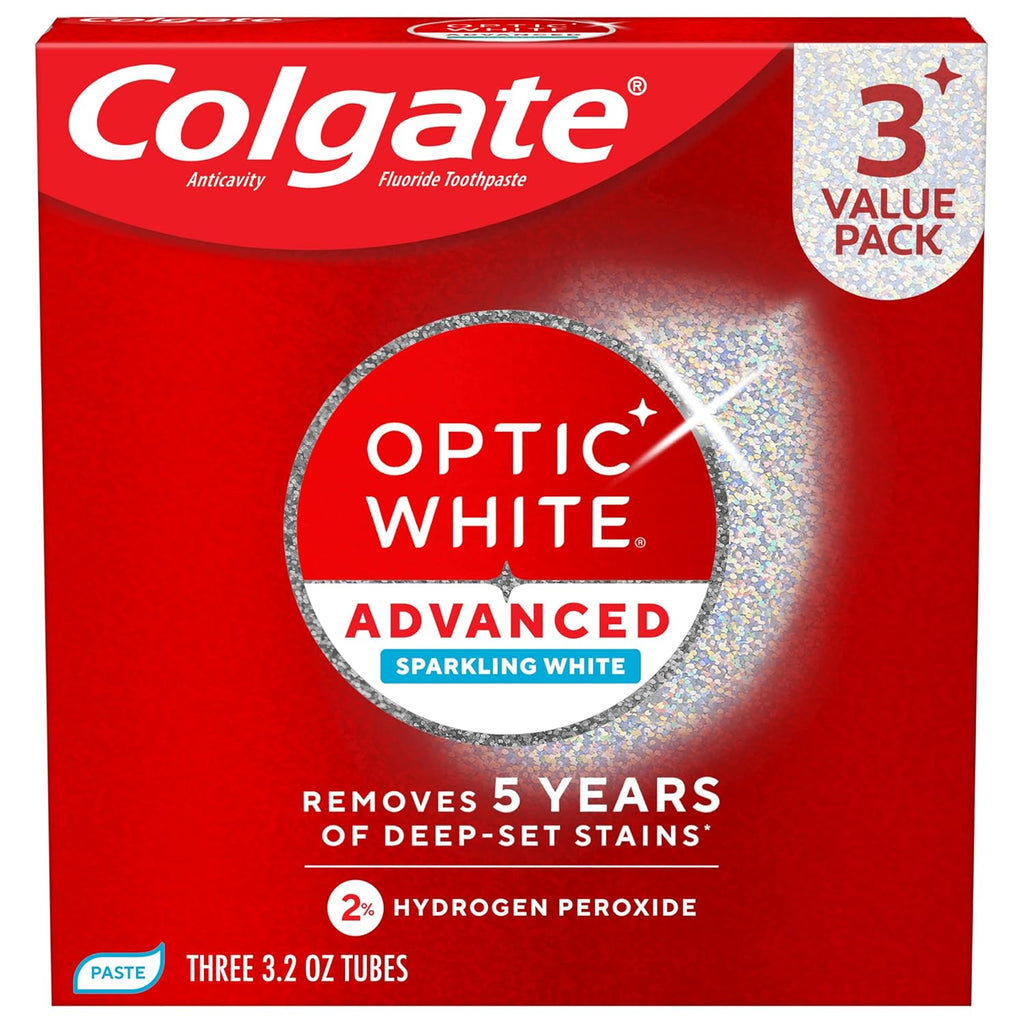 Colgate Optic White Advanced Pasta Dental con Peroxido de Hidrogeno | Pasta Blanqueadora Segura para el Esmalte | Elimina Manchas de Te, Cafe y Vino | 3 Pack, 3.2 oz