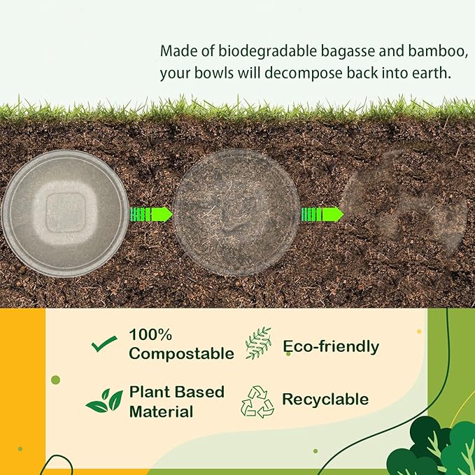 Tazones desechables para ensalada Homestockplus de 48 oz - Tazones resistentes y compostables - Fabricados con fibra de caña de azúcar 100%