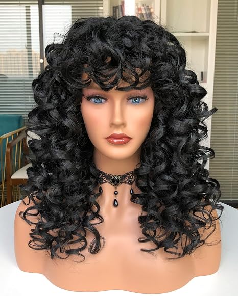Peluca Rizada Larga GKtineke 51 cm – Con Flequillo, Sintética, Negro Natural, para Cosplay y Uso Diario