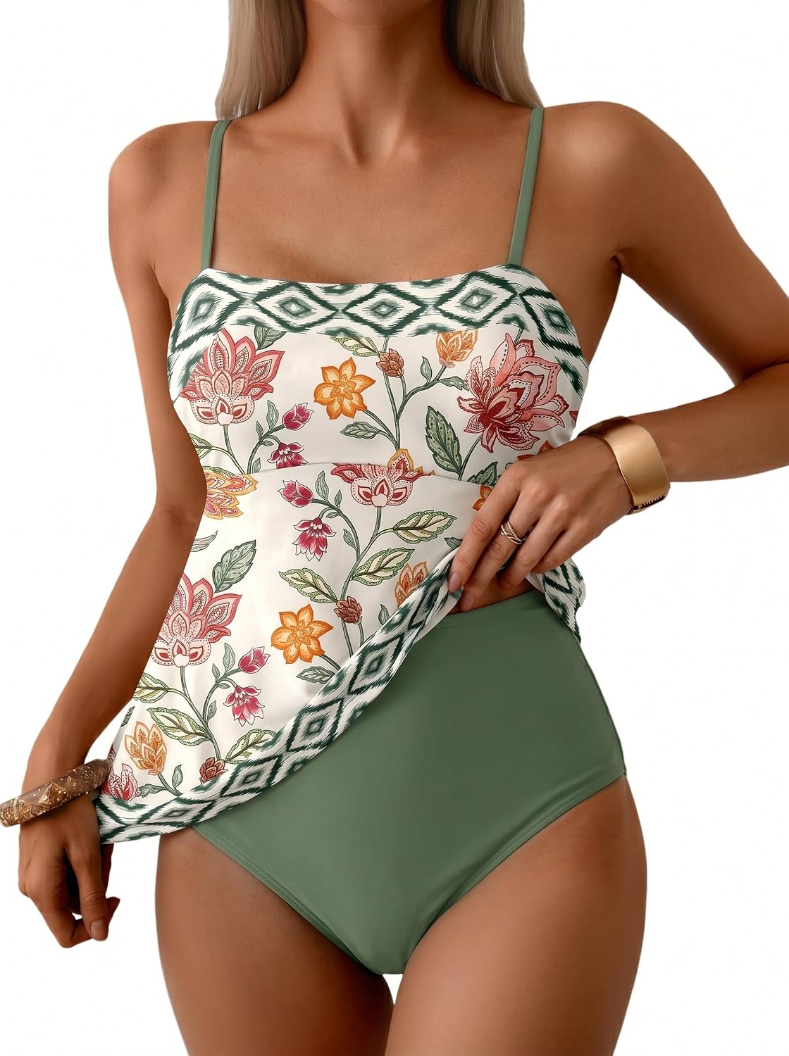 Dokotoo Conjunto de tankini floral bohemio para mujer, traje de baño de dos piezas, fluido, estilo vintage, ropa de playa 2026, estampado floral tropical, talla pequeña