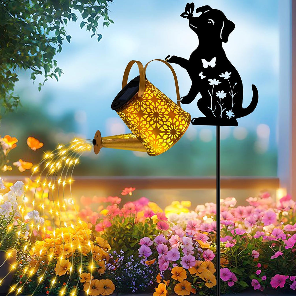 Luces solares decorativas para exteriores, regadera con luces en cascada, con estacas de jardín con silueta de perro, regalos para mamás y mujeres, decoración de jardín de metal impermeable para patio, para exteriores (1 unidad)