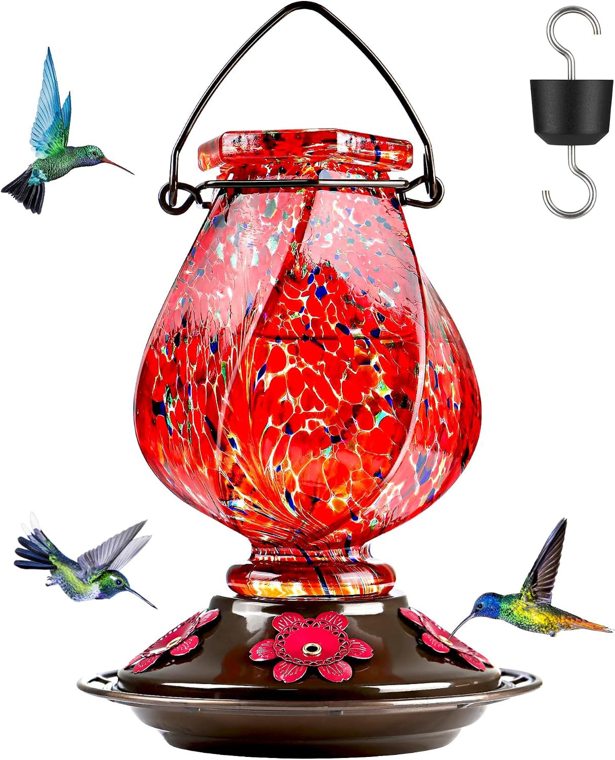Comedero para colibríes BOLITE, comedero de vidrio soplado a mano para exteriores, colgante con foso antihormigas, 5 orificios a prueba de abejas, a prueba de fugas, percha de 360°, 624 g, rojo, regalos para mujeres y hombres, regalos para mamá y papá.