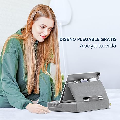 KDD Soporte de almohada para tableta, soporte plegable para iPad para regazo, cama y escritorio, base suave para tablet con bolsillo y soporte para lápiz capacitivo compatible con iPad Pro 12.9, 10.5