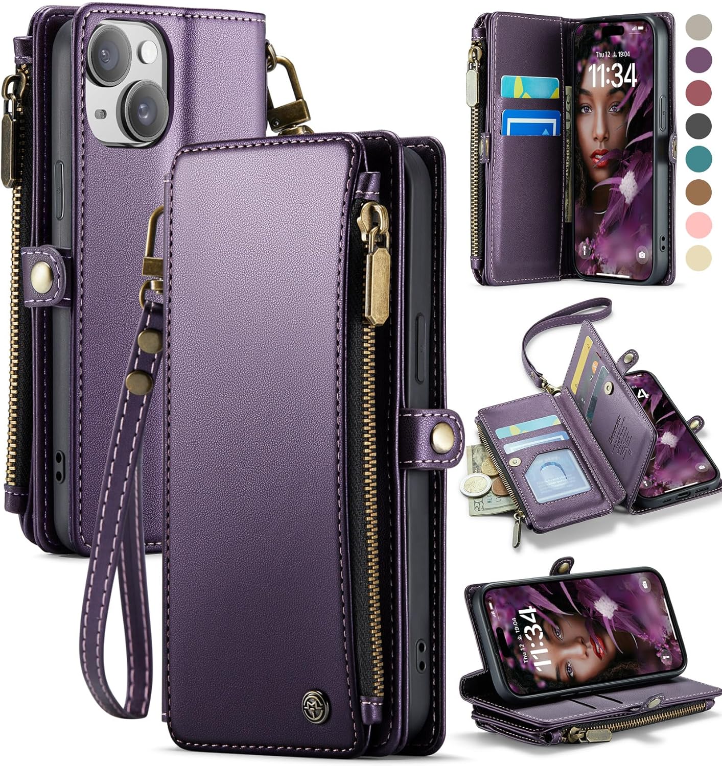 Funda Cartera para iPhone 15 con Bloqueo RFID – Cuero PU, Soporte y Correa, Morada