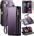 Defencase for iPhone 14 Wallet Case with RFID Blocking Card Holder, Purple | Durable Soft PU Leather, with Zipper Pocket, Wrist Strap, Fashion Snap Flip Phone Cases Cover with Stand for Women and Men