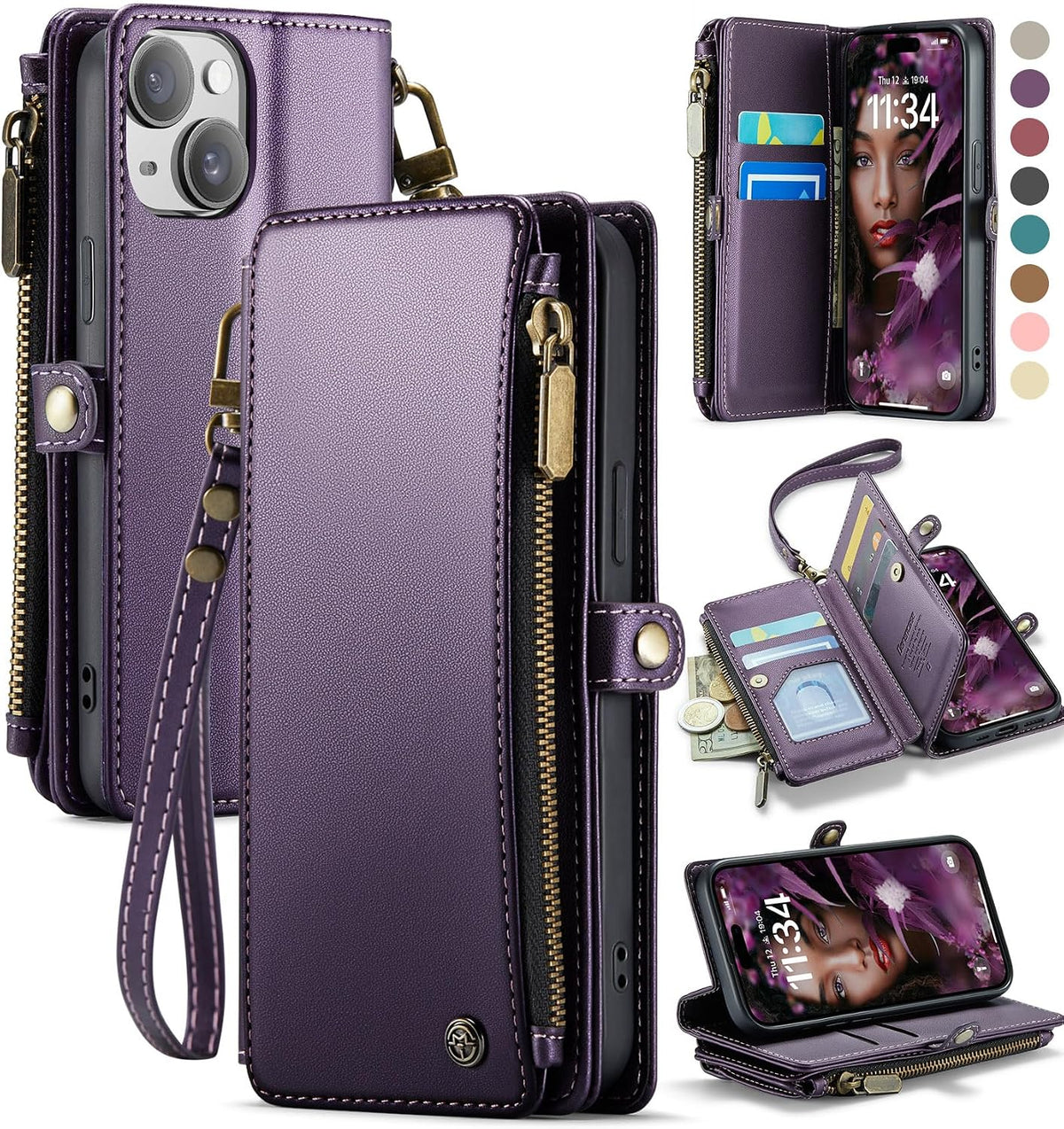 Defencase for iPhone 14 Wallet Case with RFID Blocking Card Holder, Purple | Durable Soft PU Leather, with Zipper Pocket, Wrist Strap, Fashion Snap Flip Phone Cases Cover with Stand for Women and Men