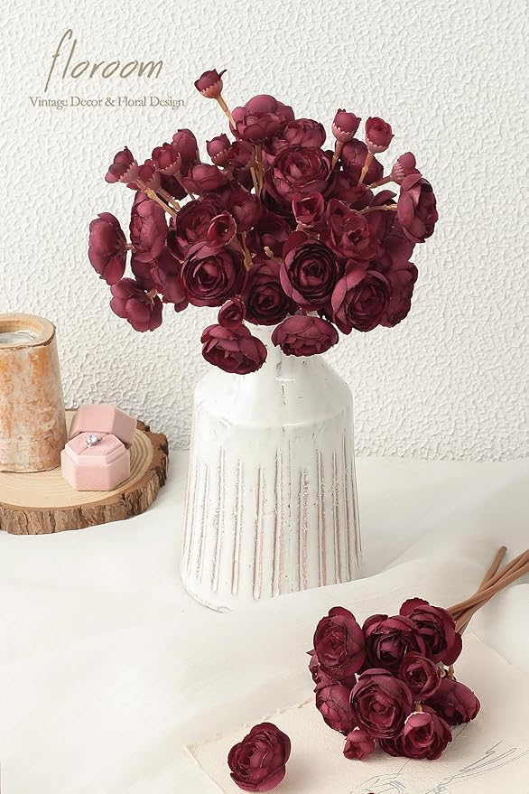 Flores artificiales de ranúnculo de 18 piezas, rosas falsas de seda mini color burdeos, flores de relleno para bodas, en paquete, para hacer tú mismo, ramos rojos, centros de mesa