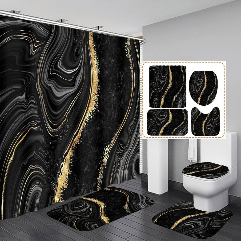 Set de Baño Nkzply 4 Piezas – Cortina de Ducha Mármol Negro y Dorado, Tapetes, Funda y Ganchos