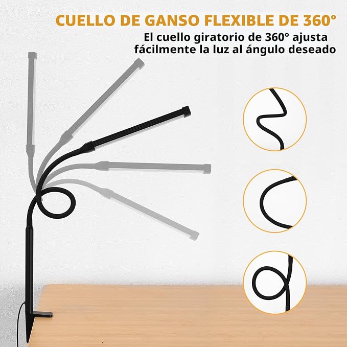 Voncerus Lámpara de escritorio LED con abrazadera, luces de clip para el cuidado de los ojos para el hogar y la oficina, 3 modos 10 niveles de brillo, cuello de ganso flexible largo, lámparas de mesa