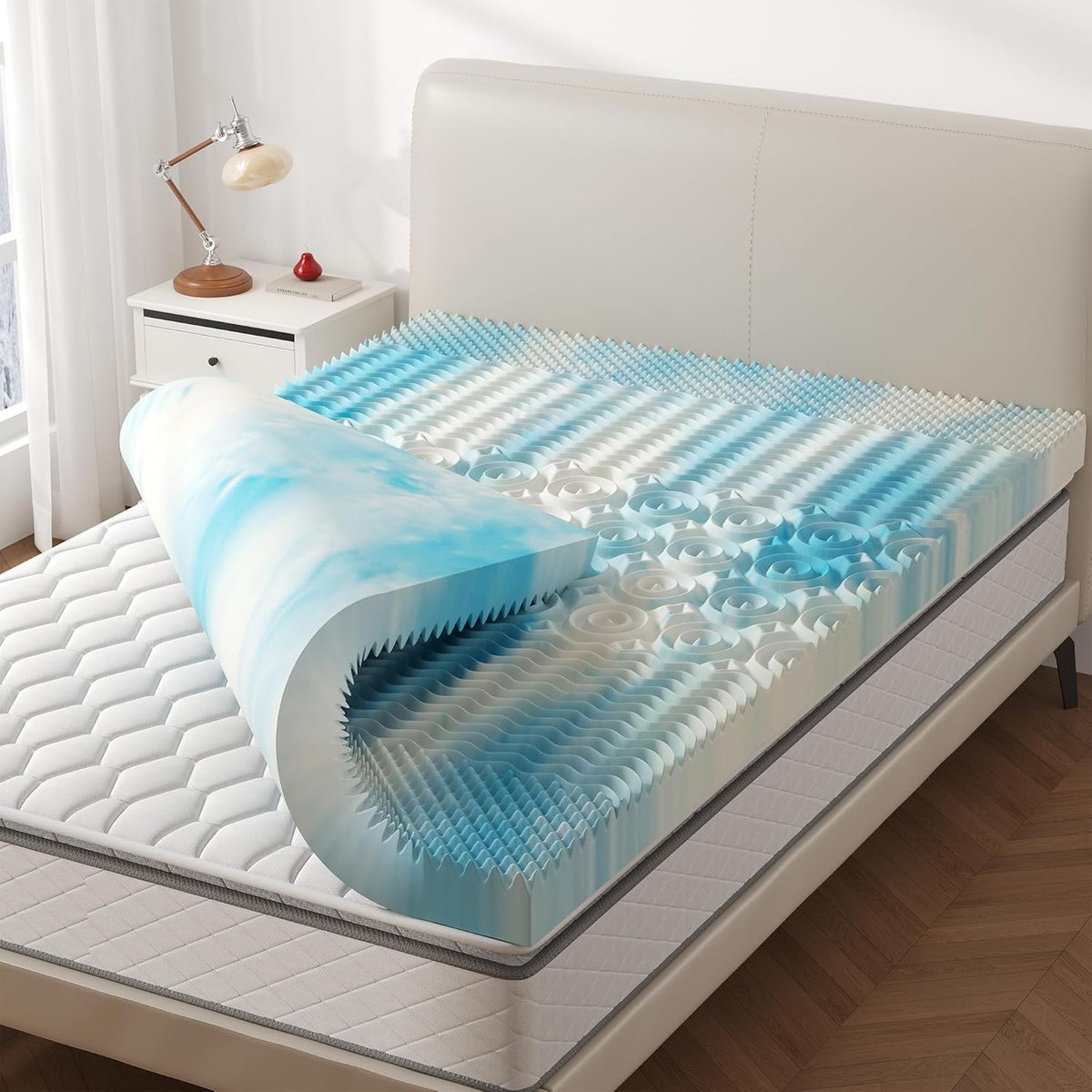 Topper de Colchón KMFurnila 3" Full | Espuma Viscoelástica con Gel de 5 Zonas | Alivio de Presión para Espalda y Cadera | Suave y Reversible | CertiPUR-US