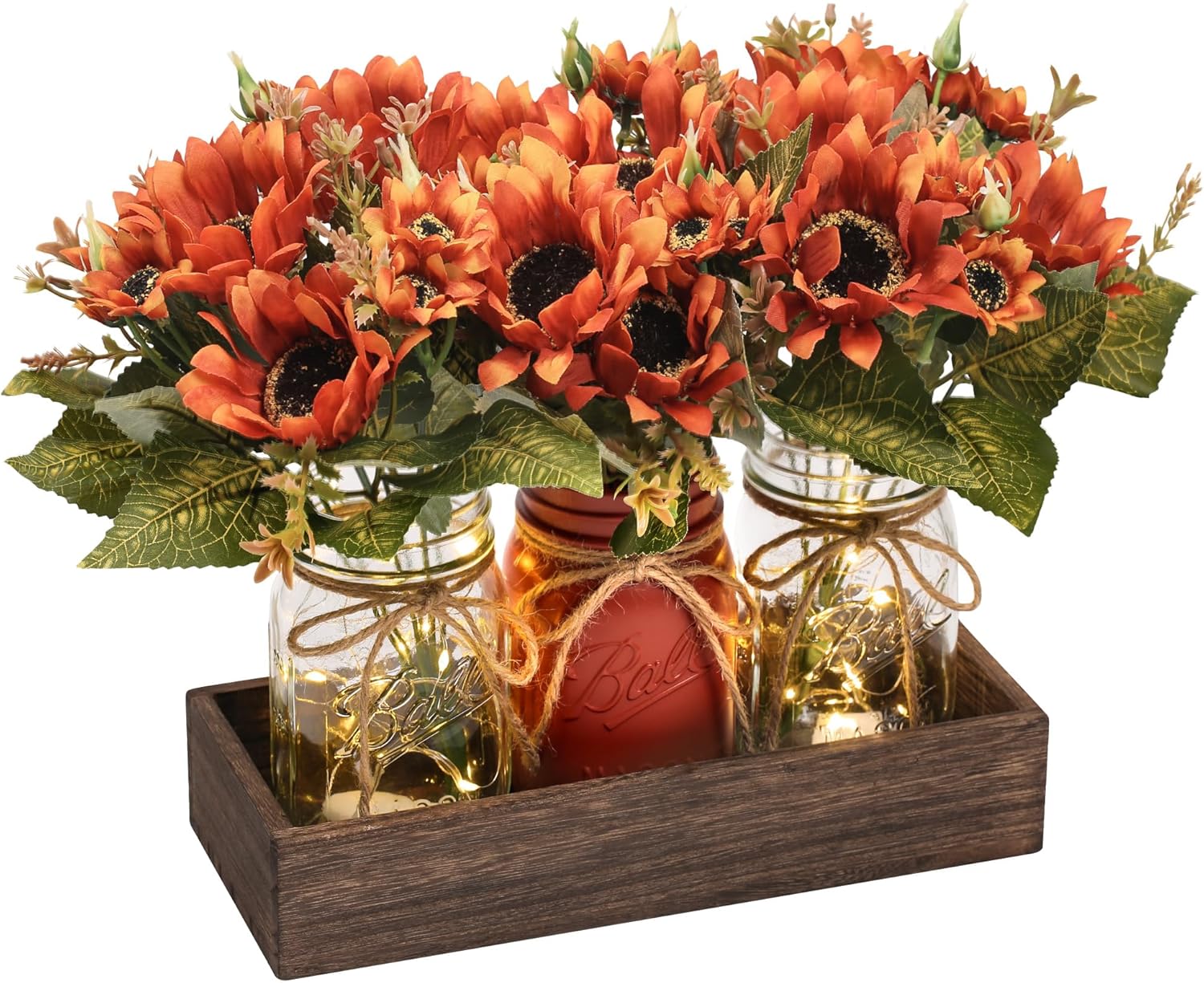 3 centros de mesa de otoño en tarro de cristal para decoración de mesa de comedor, estilo rústico, con bandeja de madera y luz LED, para comedor, cocina y sala de estar, color naranja. 