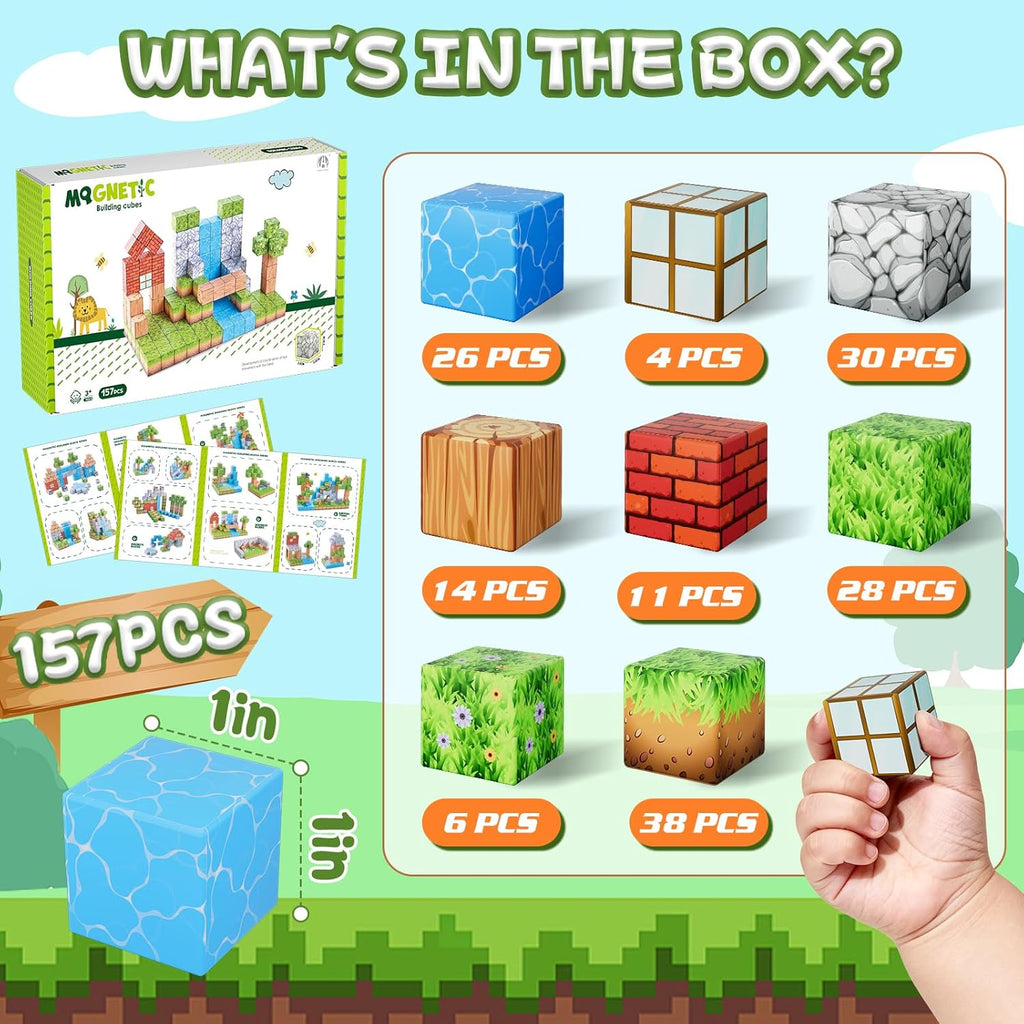 Bloques Magnéticos 157 Piezas Bloques de Construcción Magnéticos Cubos de 1" para Niños, Azulejos Magnéticos Juguete de Apilamiento, Set Construye Mundo del Bosque, Juguetes Sensoriales STEM para