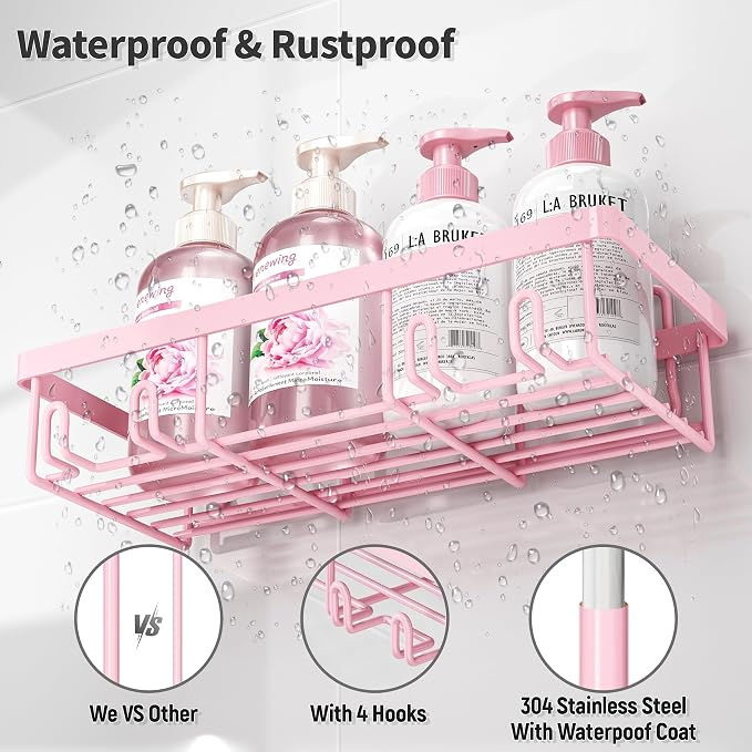 Organizador de Ducha Liuoud | Pack 5 | Acero Inoxidable Antioxidante | Adhesivo | Rosa | Baño y Ducha