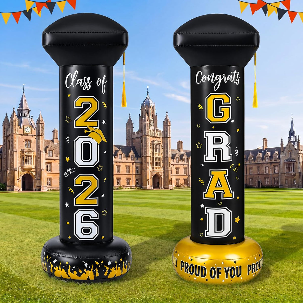 Decoración Inflable de Graduación 2026 Jenaai – 2 Birretes Negro y Dorado, 4.9ft, Jardín y Fiesta