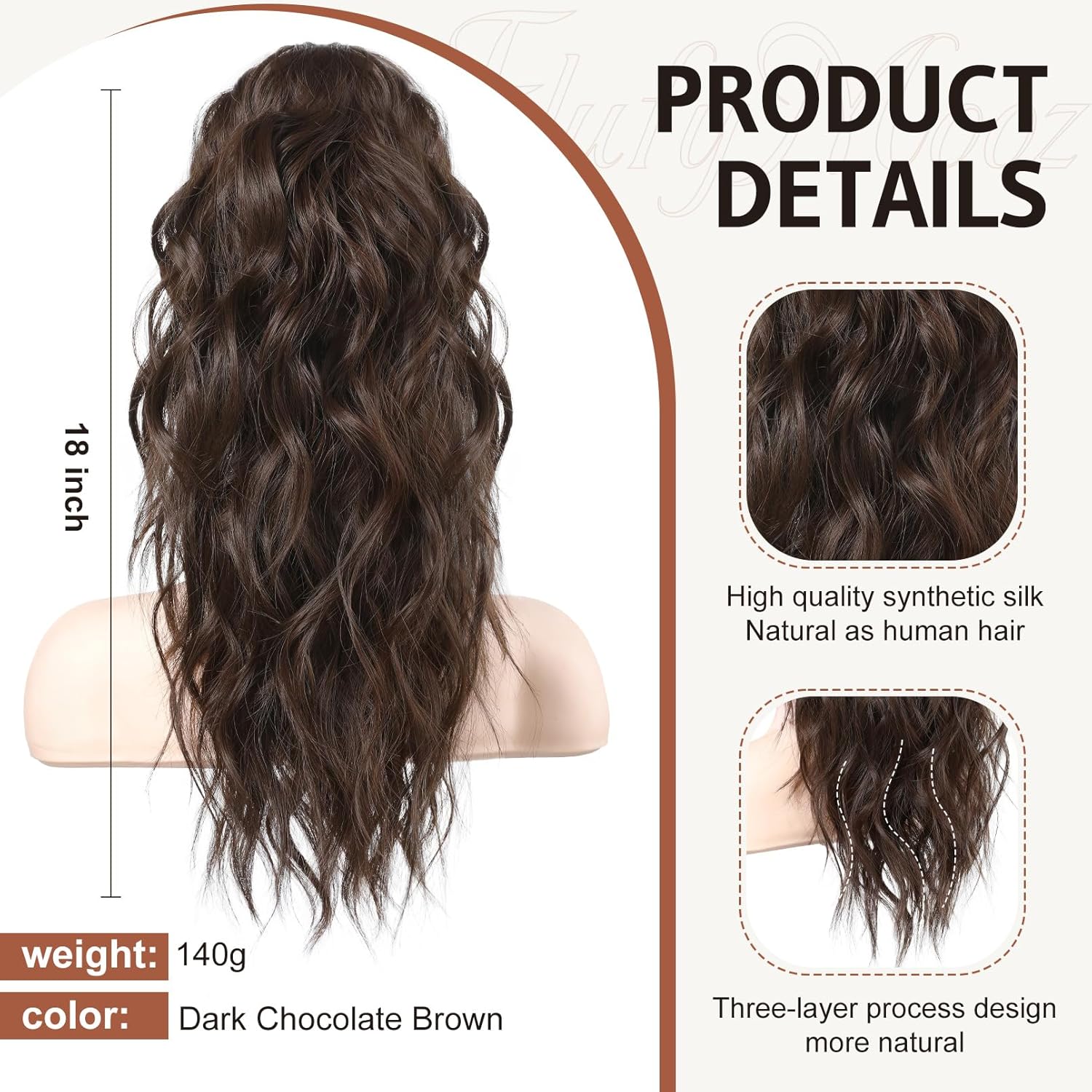 FLUFYMOOZ Cola de caballo ondulada y rizada con clip de garra – Postizo sintético natural, 18 pulgadas (marrón chocolate oscuro)