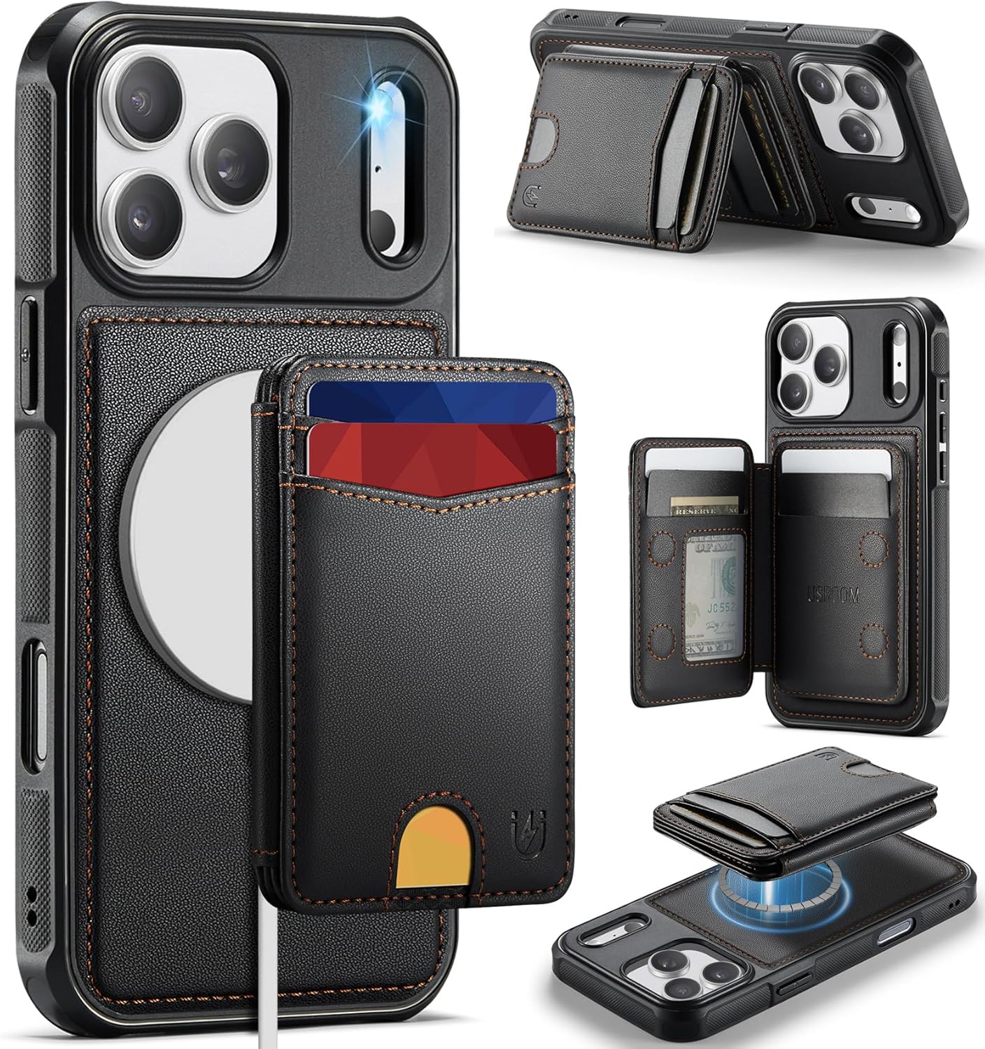 Usroom for iPhone 17 Pro Detachable Wallet Case with Card Holder, 2 in 1 RFID Blocking Credit Slots Kickstand Shockproof Phone Wallet for iPhone 17 Pro 6.3" Black