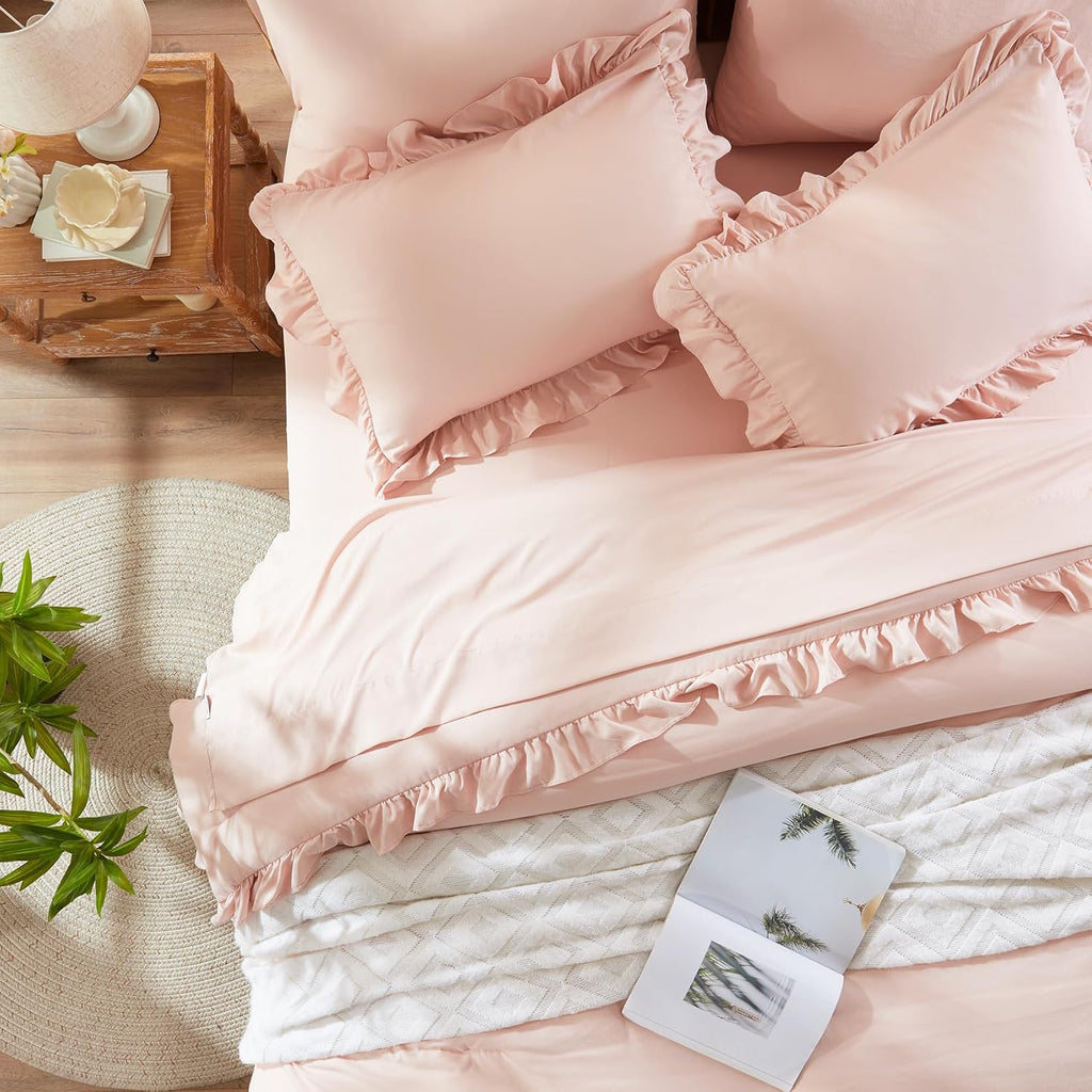 Juego de edredón completo Anluoer de 6  piezas, rosa, cama en bolsa con fundas de almohada, juego de ropa de cama shabby chic con volantes para todas las estaciones con 1 edredón, 2 fundas de almohada, 2 fundas de almohada, 1 sábana encimera