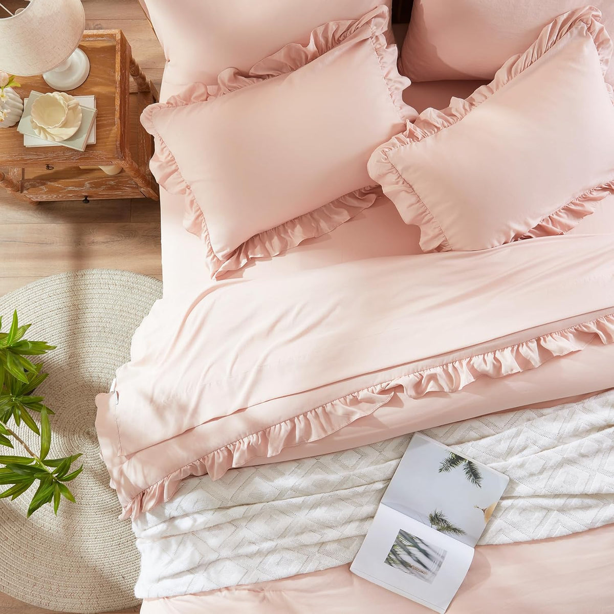 Juego de edredón completo Anluoer de 6  piezas, rosa, cama en bolsa con fundas de almohada, juego de ropa de cama shabby chic con volantes para todas las estaciones con 1 edredón, 2 fundas de almohada, 2 fundas de almohada, 1 sábana encimera