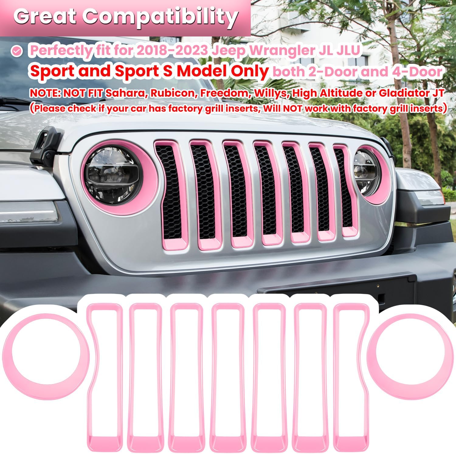 Insertos de Parrilla y Cubierta de Faros para Jeep Wrangler JL Sport 2018-2022 — Color Rosa