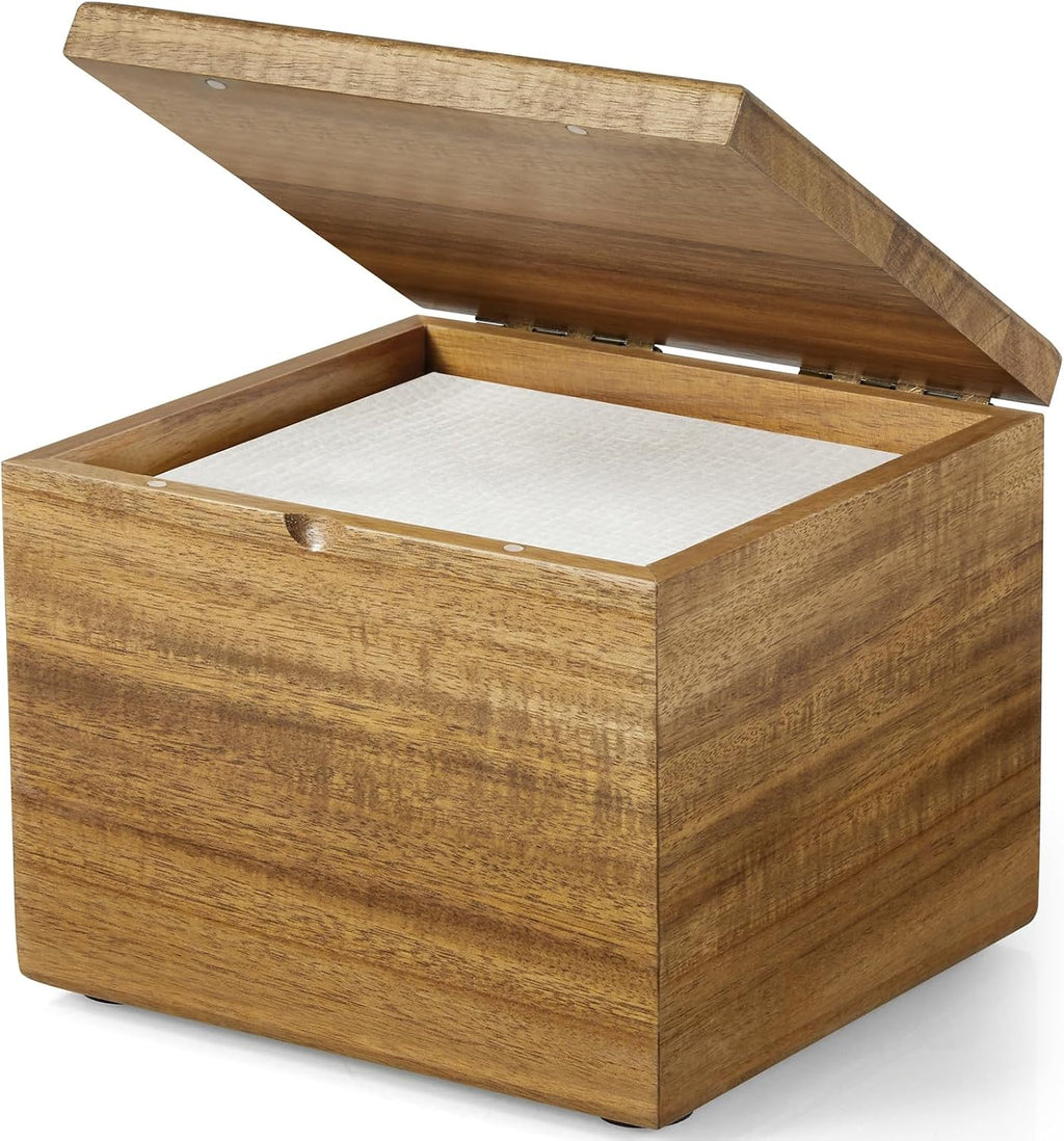 Soporte para toallas faciales desechables de madera de acacia Bivvclaz, contenedor para toallas faciales compatible con toallas limpias XL, caja de almacenamiento de toallas faciales con tapa, organizador de desmaquillante para tocador, baño