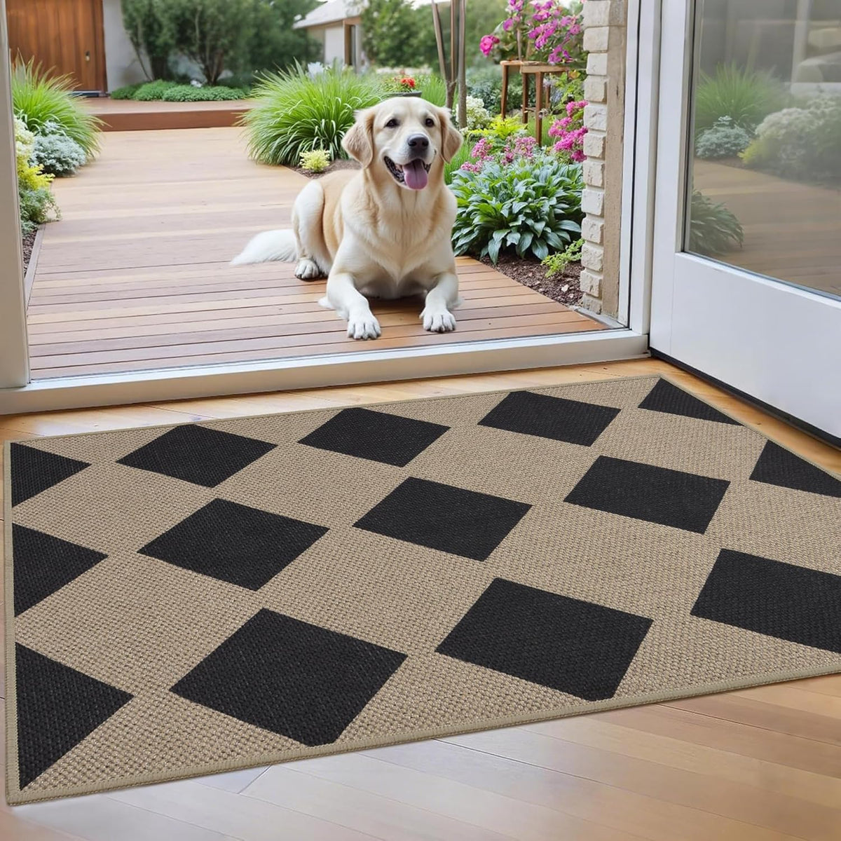 Alfombra de entrada de yute festoneada de 2x3 pies para interiores y exteriores, lavable, antideslizante, estilo rústico, neutra, de pelo corto, pequeña, para entrada, porche o cocina.