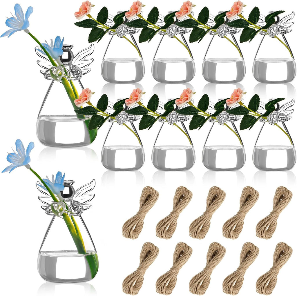 SOLO SE INCLUYE 9 CUERDAS Y NO SE INCLUYEN LAS FLORES-10 jarrones de cristal con diseño de ángel, transparente