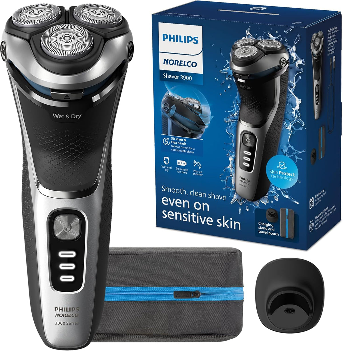 Afeitadora eléctrica Philips Norelco Serie 3900, para uso en seco y húmedo, con tapa protectora, estuche de viaje y base de carga, color azul tormenta, modelo S3341/92.
