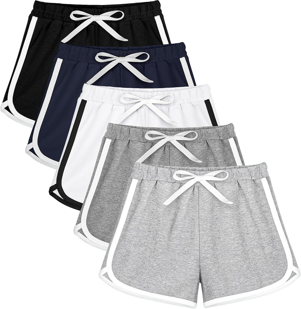 Resinta Paquete de 5 pantalones cortos deportivos de algodón para niñas, pantalones cortos de verano para correr, pantalones cortos de yoga con delfines para niños pequeños
