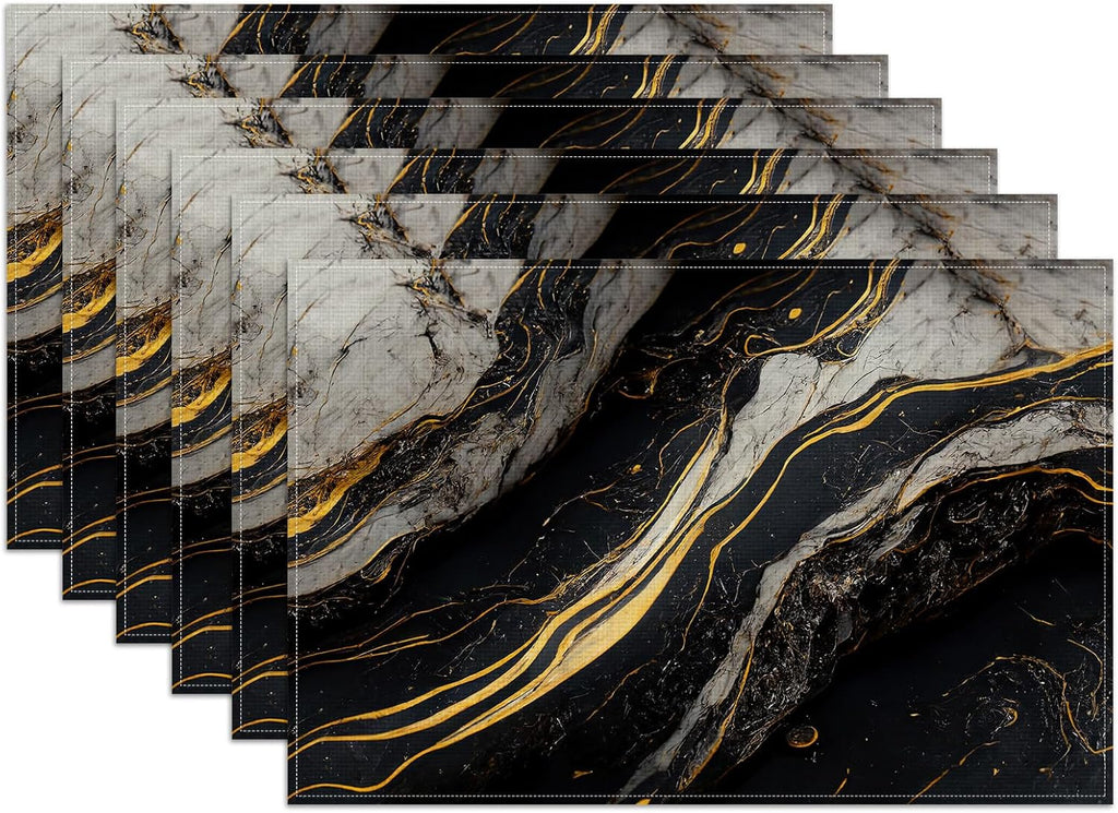 Juego de 6 manteles individuales de mármol negro, blanco y dorado, lavables y resistentes al calor, de lino, ideales para fiestas, cocina, comedor y decoración del hogar. 30 x 45 cm (12 x 18 pulgadas).