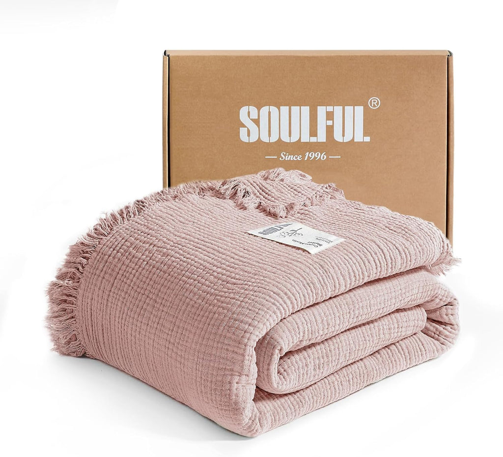 Frazada Muselina SOULFUL con Borlas - Frazada Algodón Suave para Sofá o Cama, Gasa Ligera y Transpirable para Todas Estaciones, Champagne Claro, 127x152.4 cm