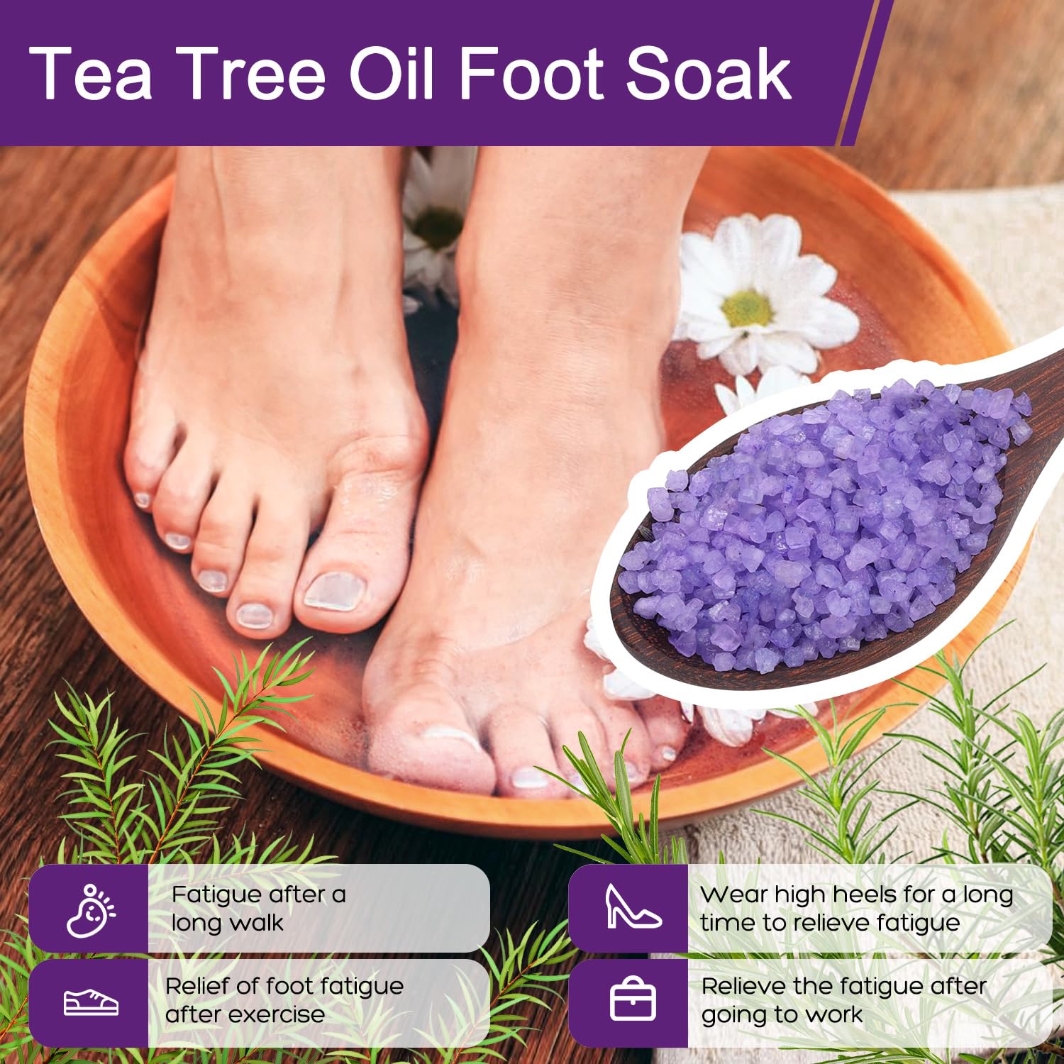 XIWEIOO Kit Sales para Baño de Pies 4 Pack 56 oz | Sal Himalaya, Lavanda, Naranja, Rosa | Aceite de Árbol de Té | Pedicura y Cuidado de Pies