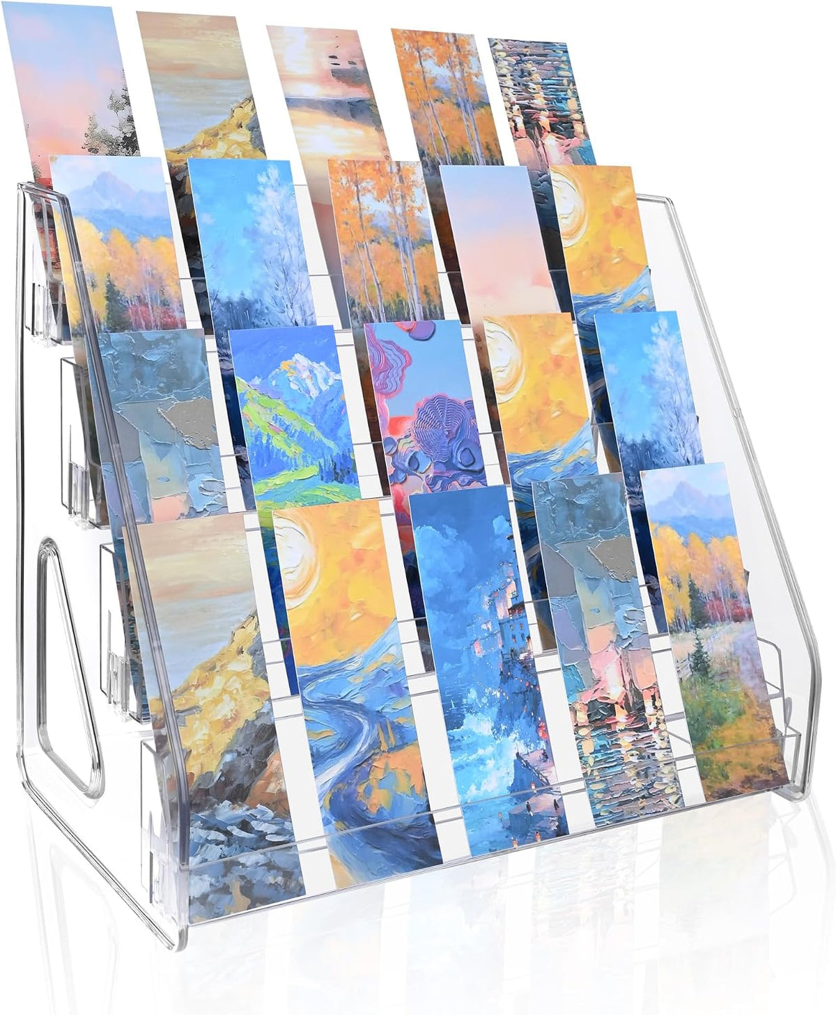 Soporte de exhibición de marcapáginas de acrílico GYSLEOT, soporte portátil para pegatinas para eventos de vendedores y comercios minoristas, estante de exhibición transparente de 4 niveles para tarjetas de felicitación, postales y folletos.