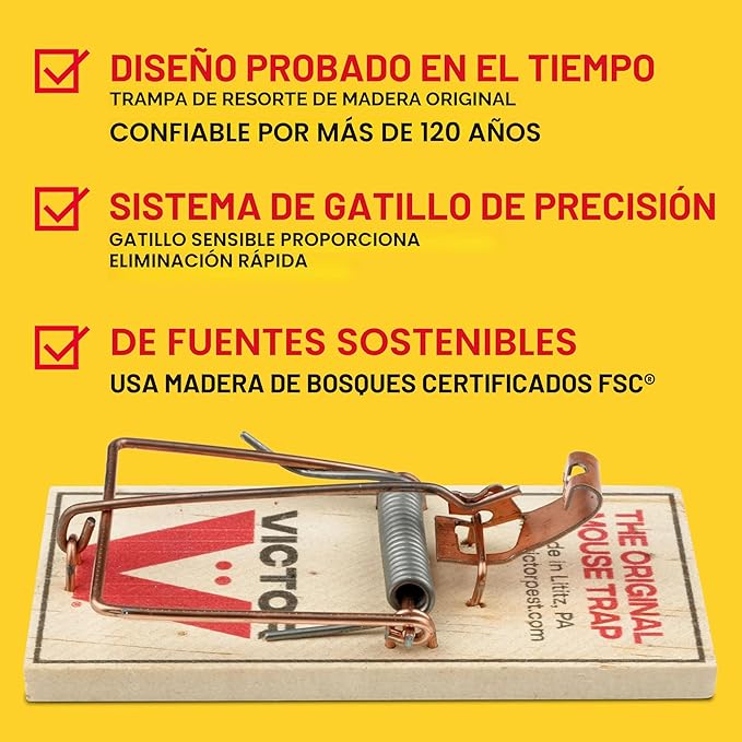 Trampas para ratones Victor M150-12, pedal de metal, madera FSC de origen sostenible, trampas para ratones de madera - Paquete de 12