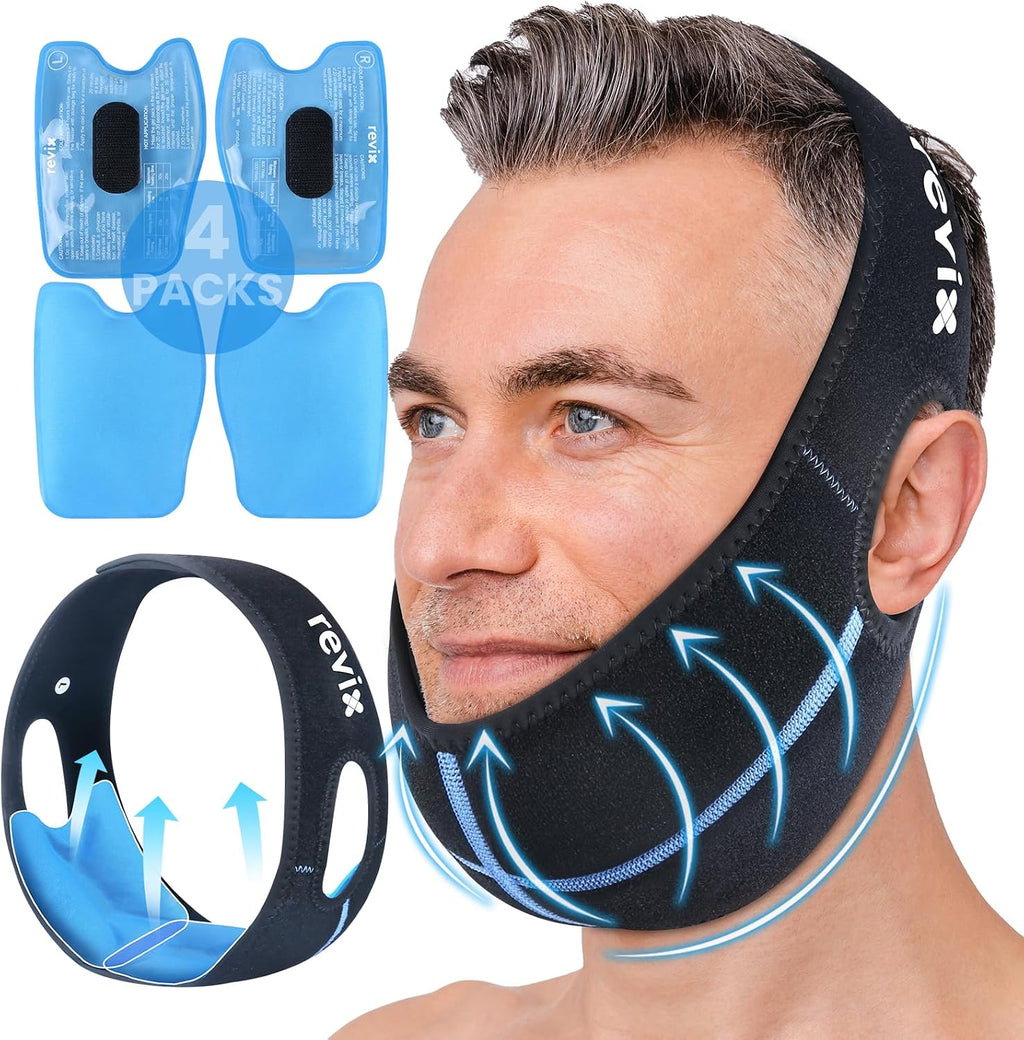Compresa de Hielo REVIX para Muelas del Juicio | Envoltura de Cabeza con Costura 3D para Mandíbula, Alivio de Dolor por Cirugía Oral, TMJ y Extracción Dental, con 4 Geles, Negra