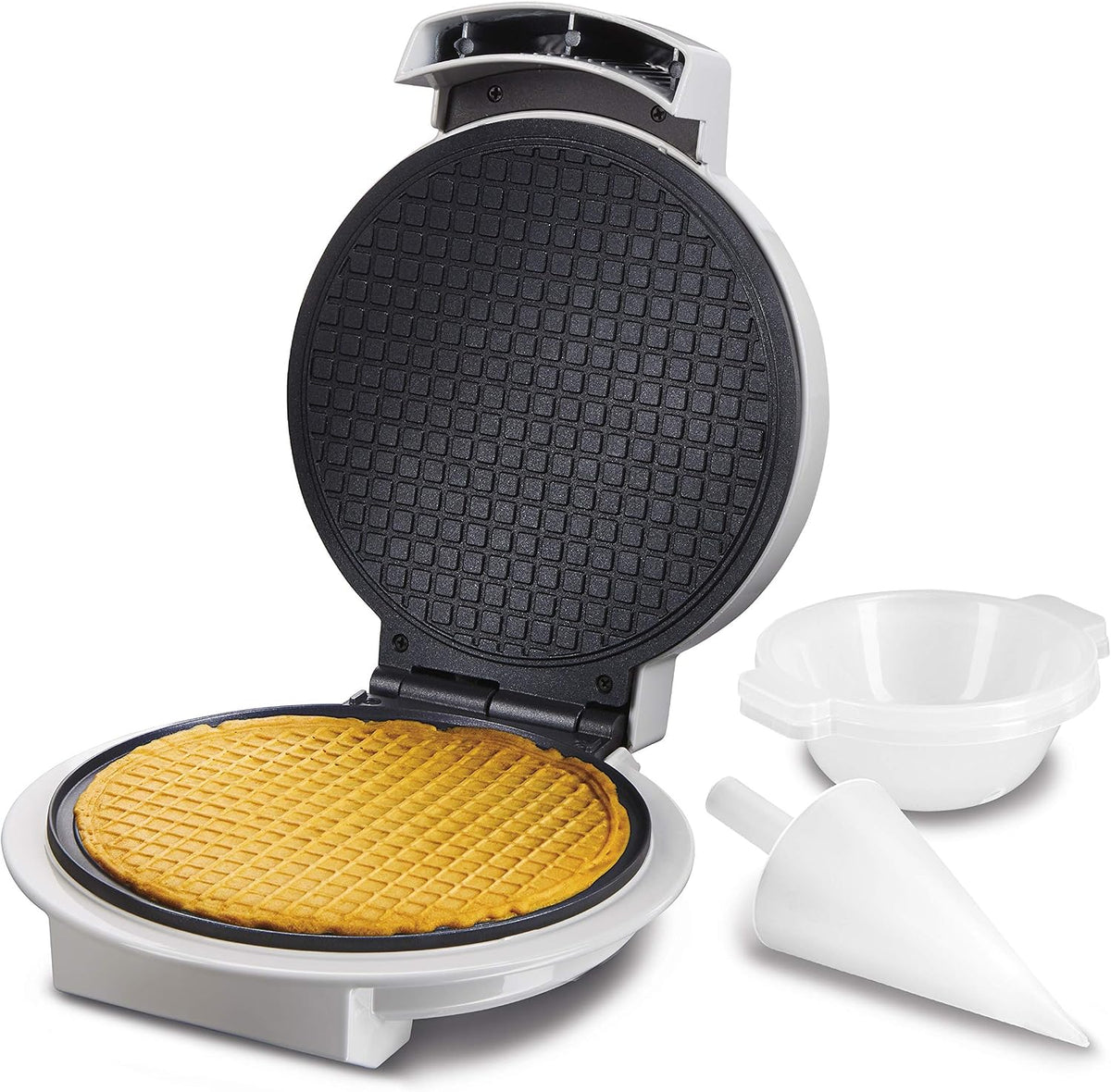 Máquina para hacer conos de gofre y helados Proctor Silex con control de tostado, rodillo moldeador y prensa para vasos, placas antiadherentes de 7,5" sin PFAS, color blanco (26410MN)