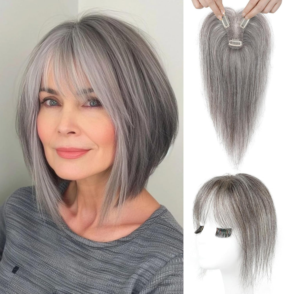 Prótesis Capilar REECHO de Cabello Humano Real | Topper sin Costuras con Fleco, Cobertura 360° 3D con Clip | Extensiones para Uso Diario | Gris Oscuro