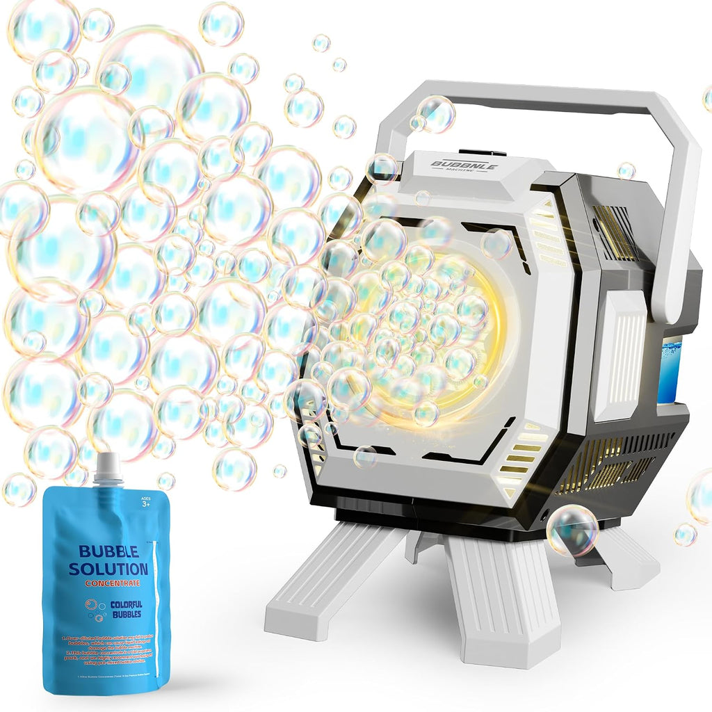 Máquina de burbujas Mibex con luces, burbujas grandes, juguete para hacer burbujas para niñas y bebés, tanque grande de 320 ml, soplador de burbujas a pilas para fiestas de cumpleaños, bodas, juegos en interiores y exteriores.