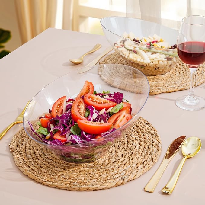 BUCLA Tazones de Servir de Plástico Transparente de 54 OZ (Paquete de 12) - Tazones de Servir en Ángulo Desechables para Chips y Dulces - Mesa de Fiesta Ensalada y Fruta