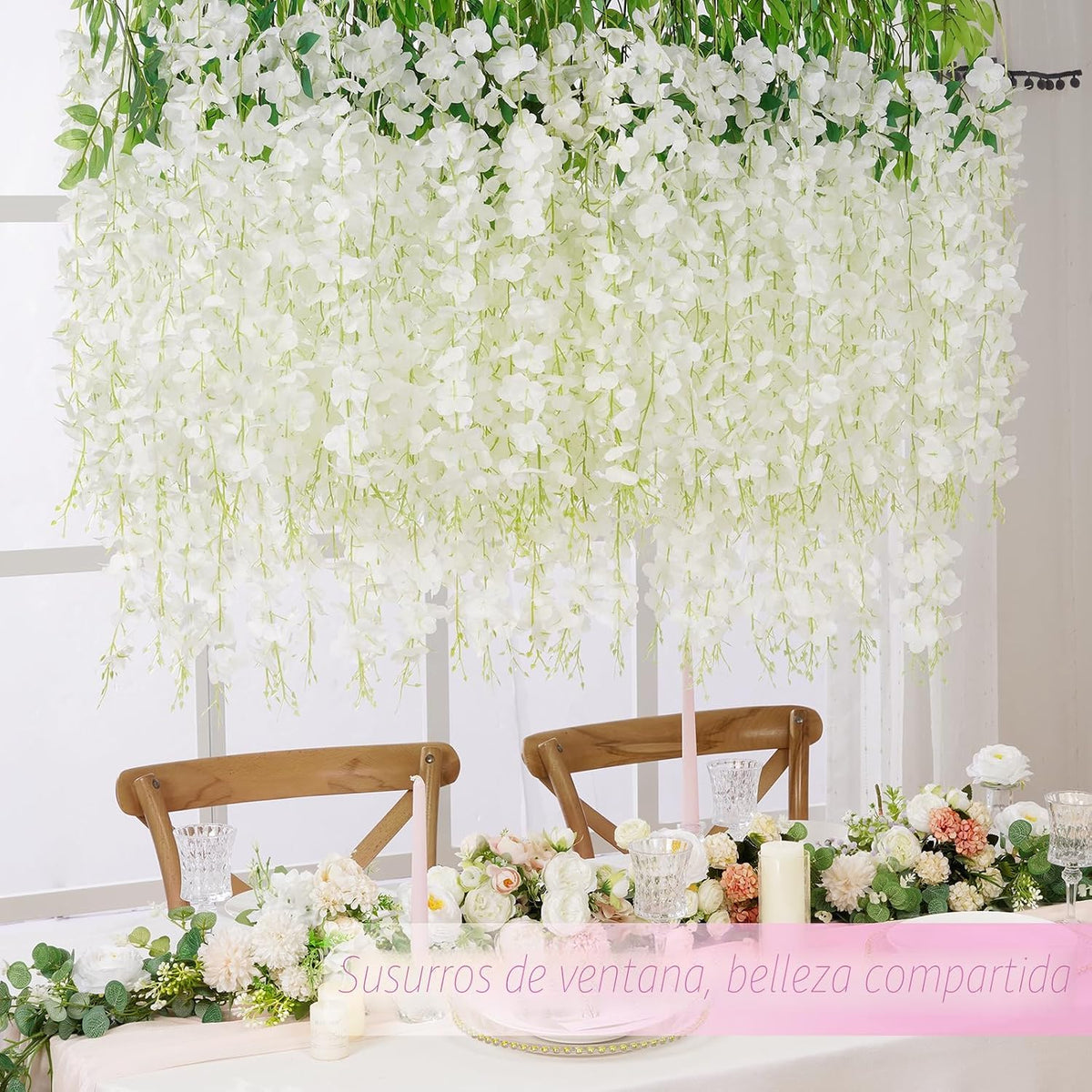 Paquete de 40 flores colgantes de glicina blanca, flores falsas para decoración, flores colgantes artificiales, enredaderas para dormitorio, guirnalda de flores para el hogar, fiesta, pared