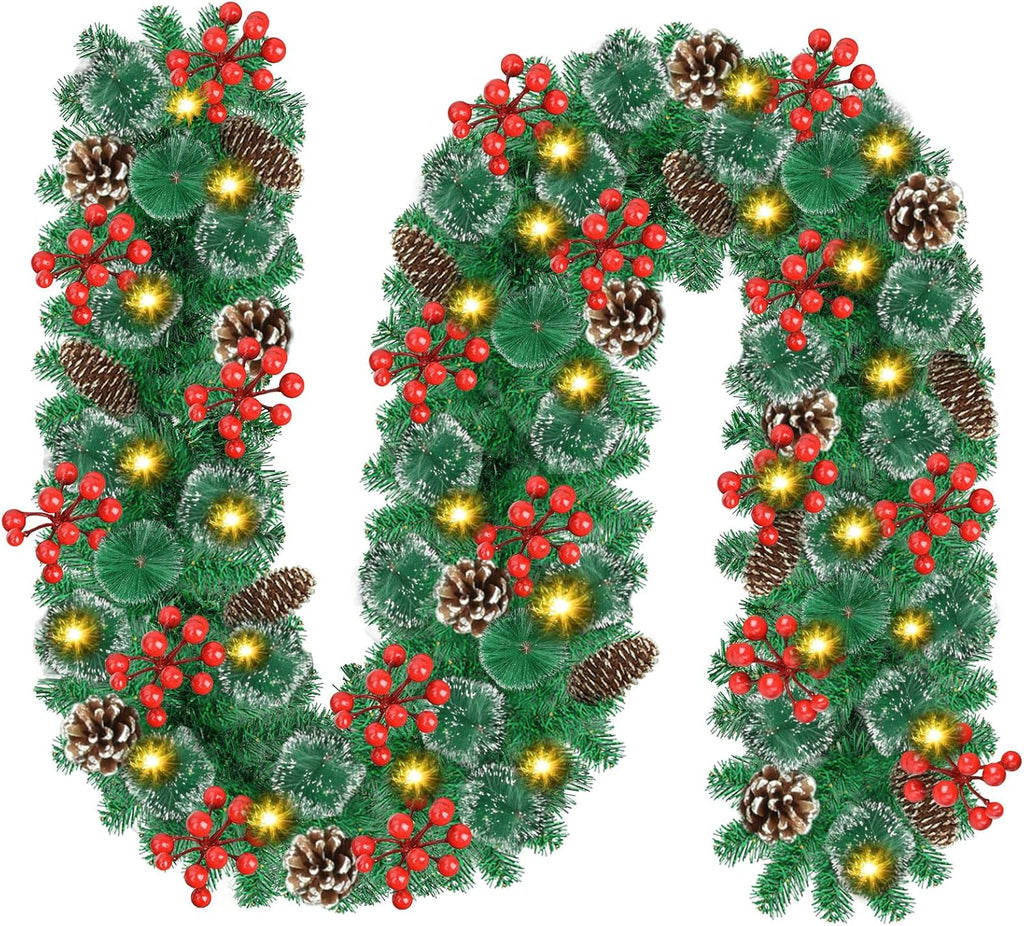 Guirnalda navideña con luces, 2,7 m, 30 LED, funciona a pilas, decorada con piñas, bayas y pino artificial nevado. Ideal para interiores y exteriores, escaleras, chimeneas, puertas y vallas. 
