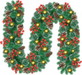 Guirnalda navideña con luces, 2,7 m, 30 LED, funciona a pilas, decorada con piñas, bayas y pino artificial nevado. Ideal para interiores y exteriores, escaleras, chimeneas, puertas y vallas. 