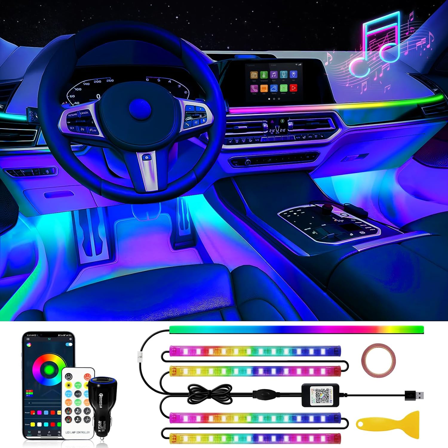 Car Led Light Interior, RGB Dreamcolor Inside Light Music Sync, Under Dash Footwell Automotive Strip Light, 12V Acrylic Strip Light for Vehicle, Truck,Jeep, SUV with Car Charger(1set)