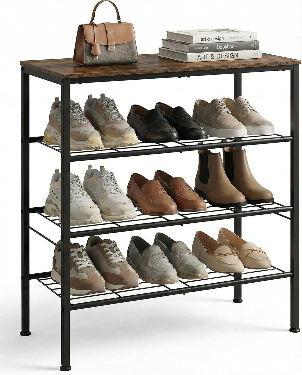 Zapatero de 4 niveles Tujurich para recibidor, dormitorio y sala de estar: organizador de zapatos resistente con patas niveladoras ajustables, diseño compacto (68 cm x 30 cm x 64 cm), color marrón rústico.