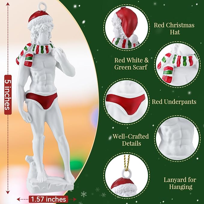 Adorno navideño de resina de la estatua de David de Miguel Ángel, figuras de 12,7 cm (5 pulgadas), adornos originales y divertidos para el árbol de Navidad.