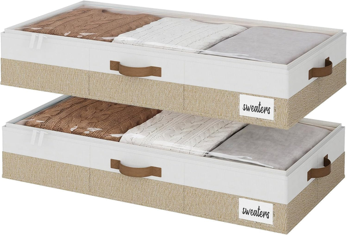 Contenedores de almacenamiento grandes para debajo de la cama StorageWorks con asas y portatarjetas, paquete de 2. Contenedores de tela ultragruesa para debajo de la cama, organizador de armario para ropa, mantas y suéteres.