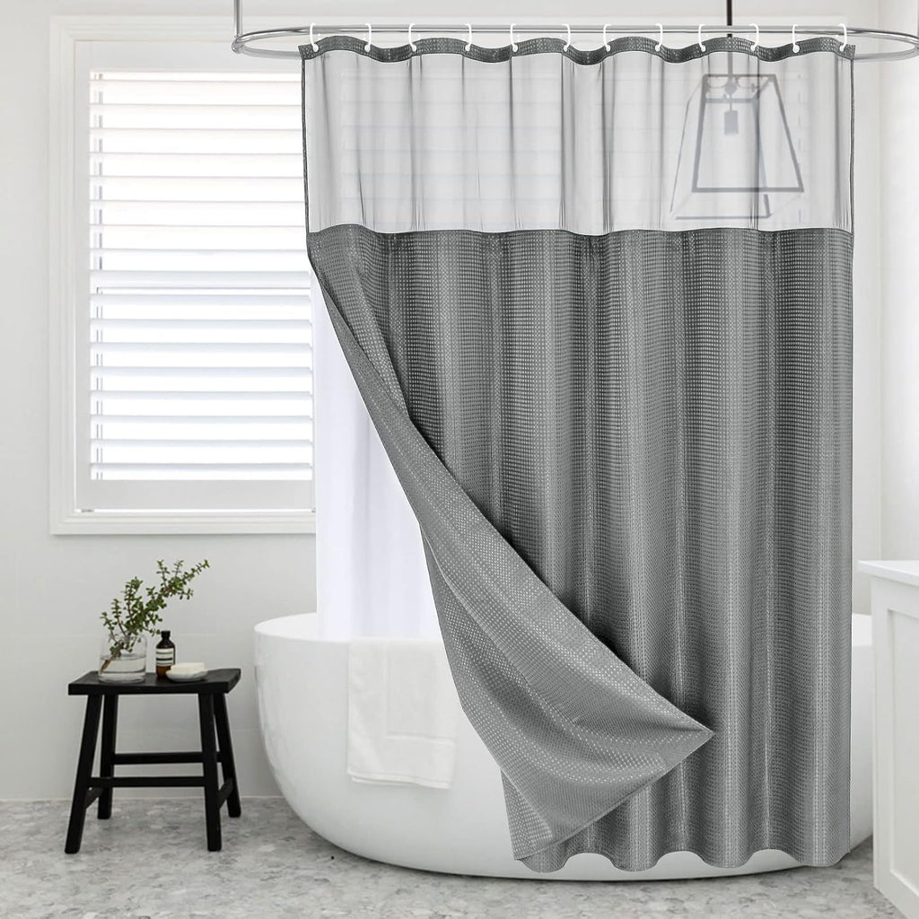 Cortina de ducha MitoVilla gris con forro a presión, moderna, de tejido gofrado, de lujo y resistente, ideal para baños de hoteles y spas con decoración neutra, 72 x 72 pulgadas.